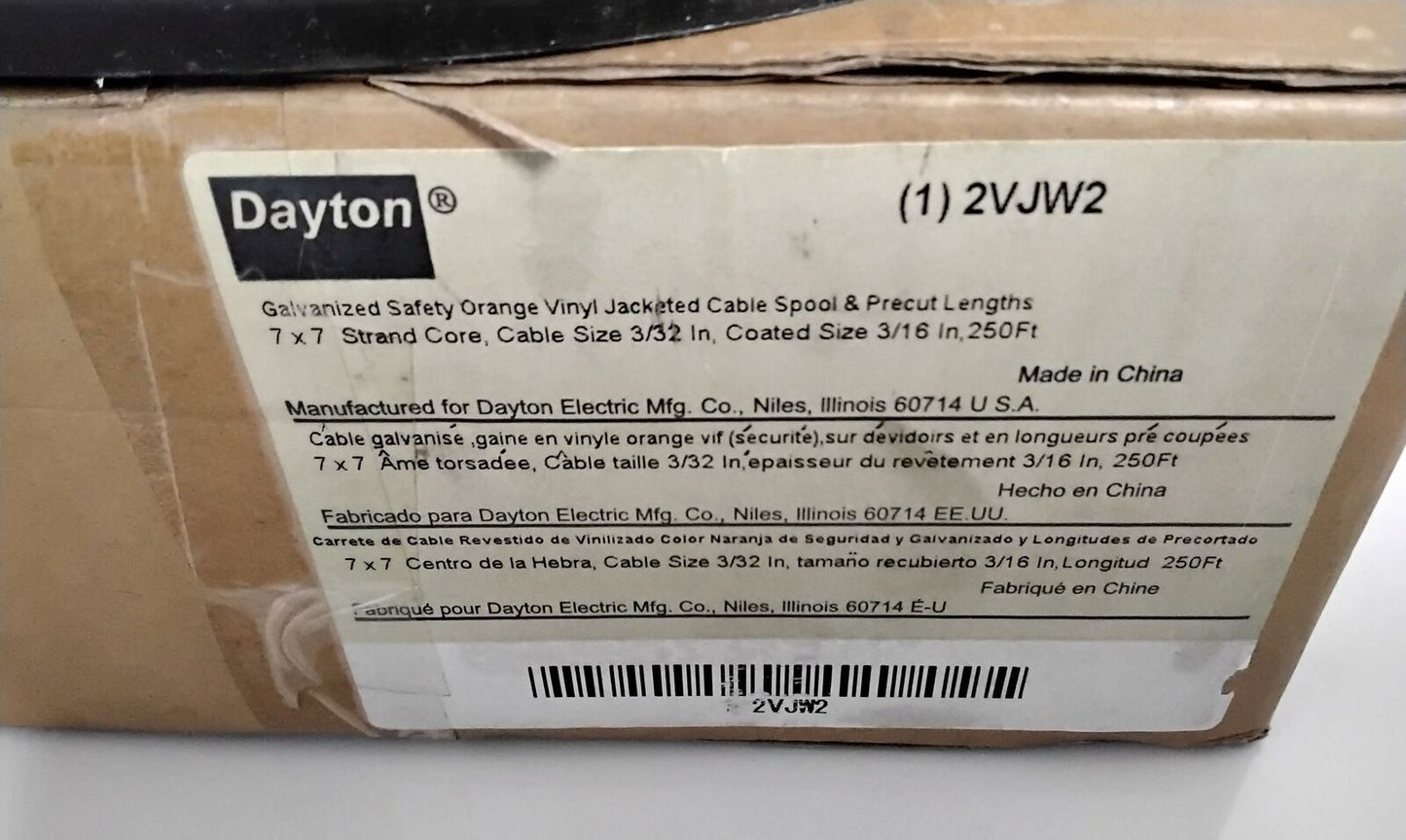 NEW Dayton Orange Vinyl Coated Galvanized Steel Cable Model 2VJW2 with Free Ship