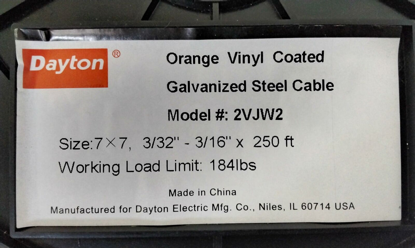 NEW Dayton Orange Vinyl Coated Galvanized Steel Cable Model 2VJW2 with Free Ship